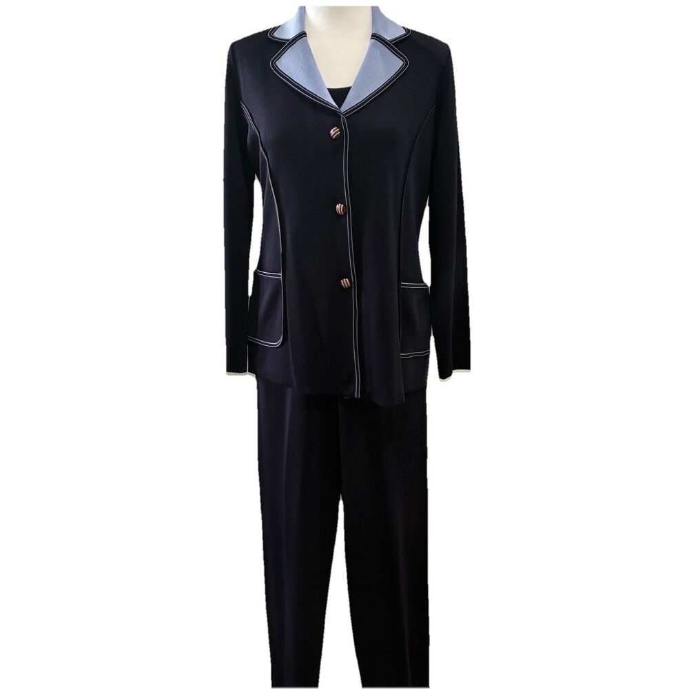 Exclusively Misook 3 Piece Pant Suit Women’s XS Petite Navy & Blue Knit Career